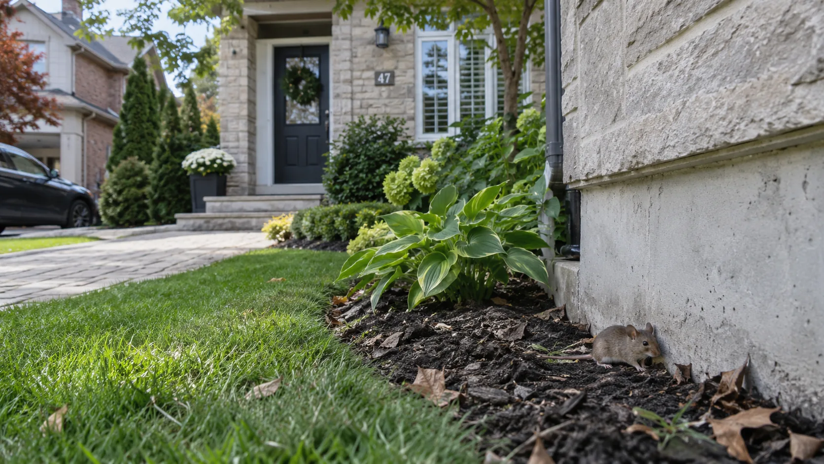 Home in North York, Ontario with a mouse near the foundation