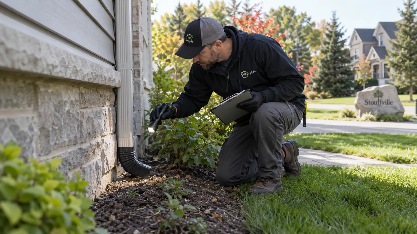 Pest control technician inspecting a Stouffville property for rats